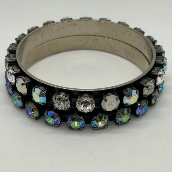 Set of Vintage Aurora Borealis Rhinestone Bangle Set of 2 Black Finish 7.5 inch - Picture 5 of 16